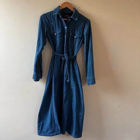 A.P.C. Denim Midi Shirtdress – Belted Long Sleeve Button Front – Size EU 36 - Picture 1 of 5